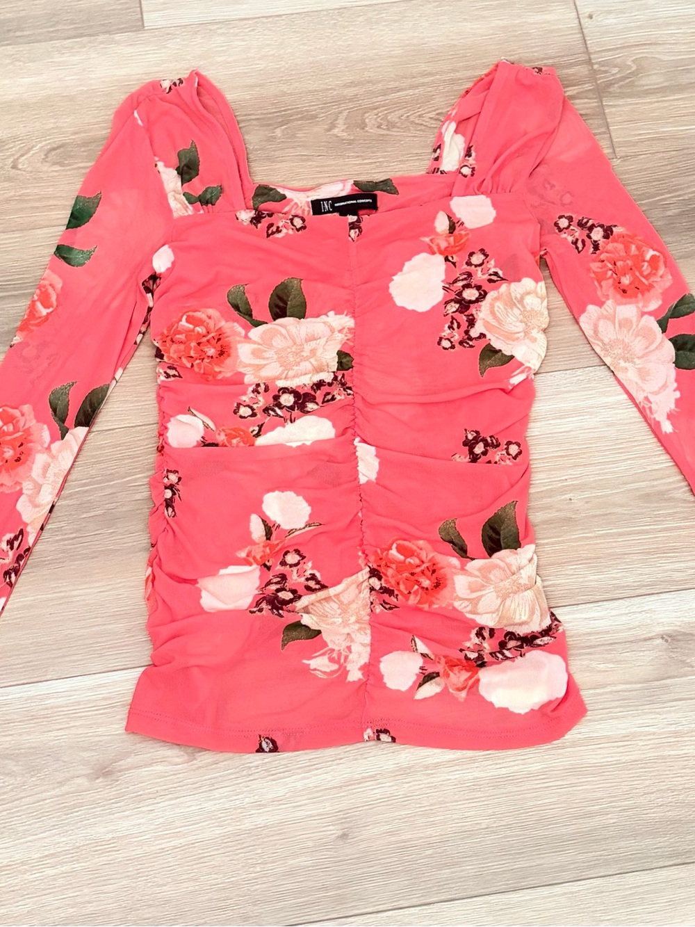 INC Floral Ruched Long-Sleeve Women’s Top Coral Pink - XS